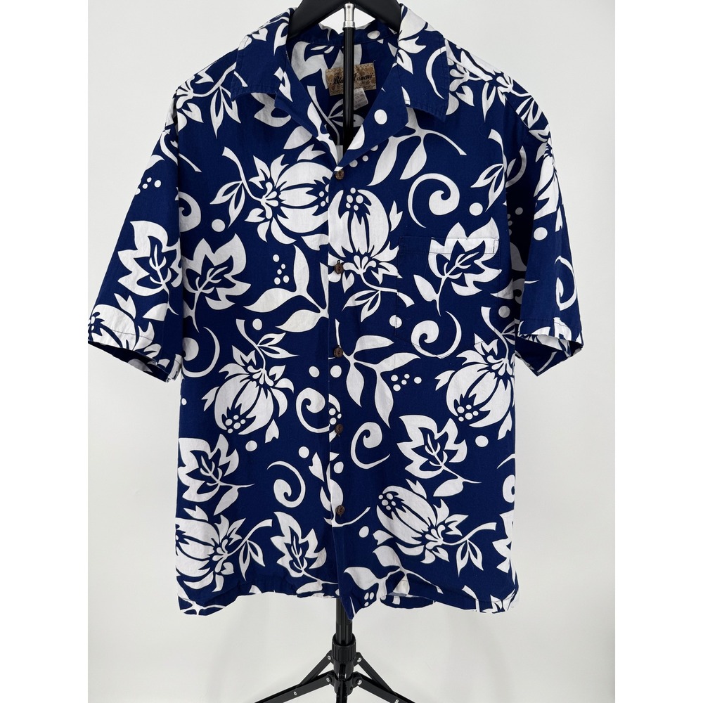 Blue Hawaii Mens 2XL Aloha Shirt Navy Blue White Floral Cotton Made in Hawaii